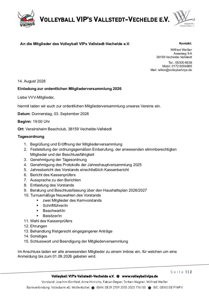 Jahreshauptversammlung Volleyball VIPs Vallstedt-Vechelde e.V.